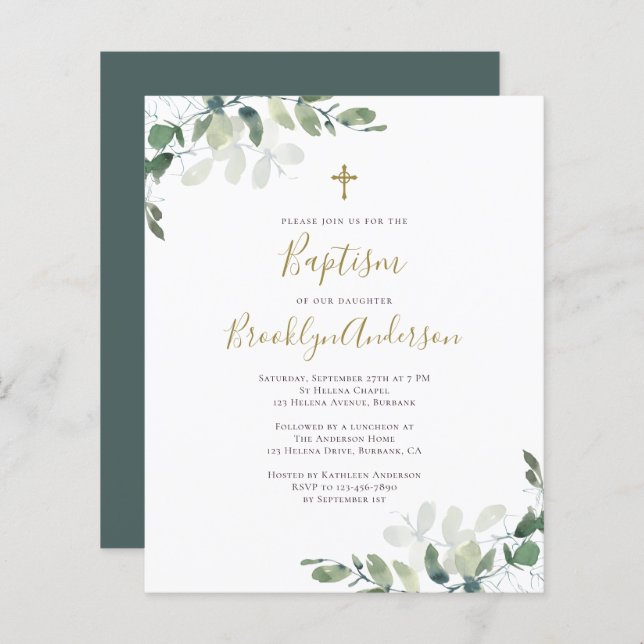 Papier Budget Eucalyptus Vert Baptême Invitation (Devant / Derrière)