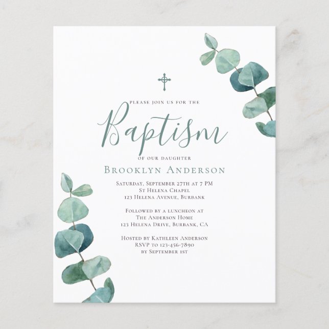 Papier Budget Eucalyptus Vert Baptême Invitation (Devant)