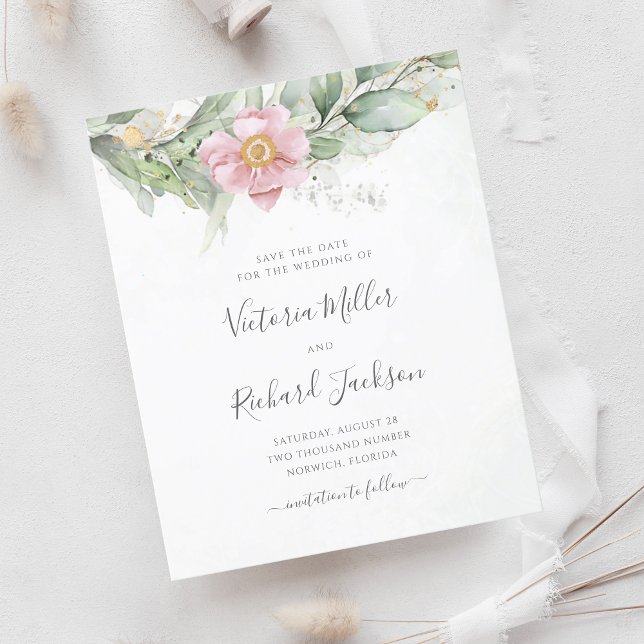 Papier Budget Eucalyptus Vert Floral Économisez La Date (Créateur téléchargé)