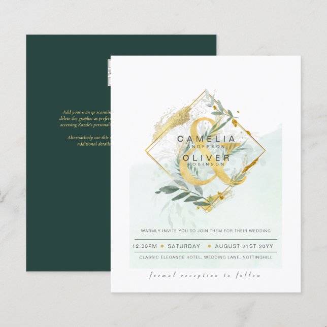 Papier Budget Eucalyptus Vert Mariage QR CODE Invitation (Devant / Derrière)