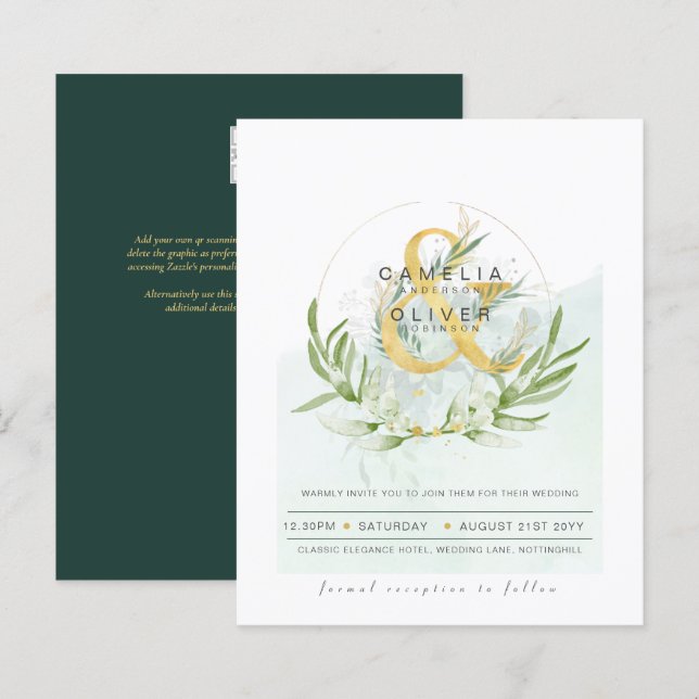 Papier Budget Eucalyptus Vert Mariage QR CODE Invitation (Devant / Derrière)