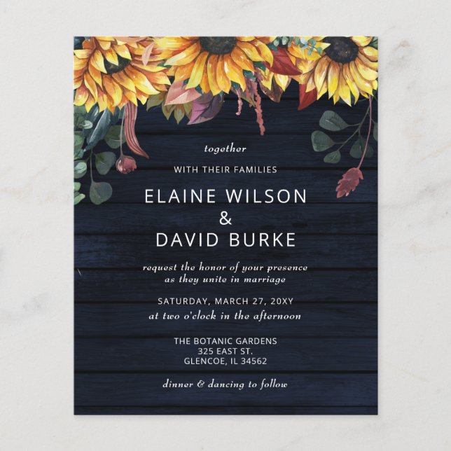 Papier Budget Faire-part de mariage de tournesols en bois (Devant)