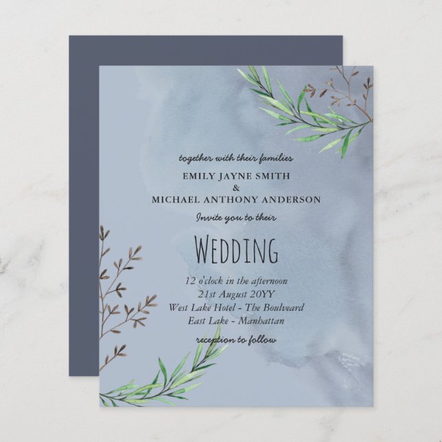 Papier Budget Faire-part de mariage Dusty Blue Olive Feui (Devant / Derrière)