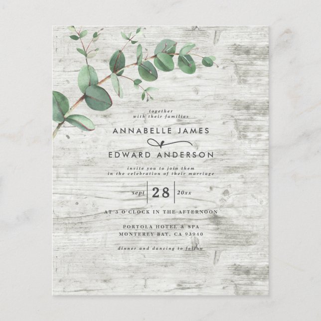 Papier budget faire-part de mariage Eucalyptus bois blanc (Devant)