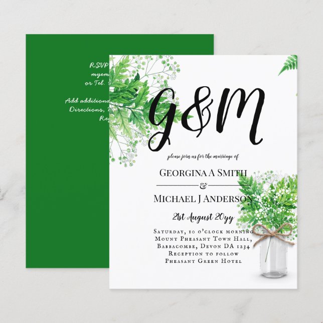 Papier BUDGET Ferns Verdure Mariage blanc Invitation (Devant / Derrière)