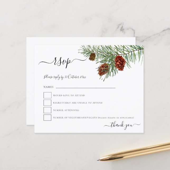 Papier Budget Feuillage Pine Cones Noel Mariage RSVP (Devant/Arrière en situation)
