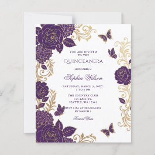 Papier Budget Fleur de Lys Violet Or Papillon Quinceañera