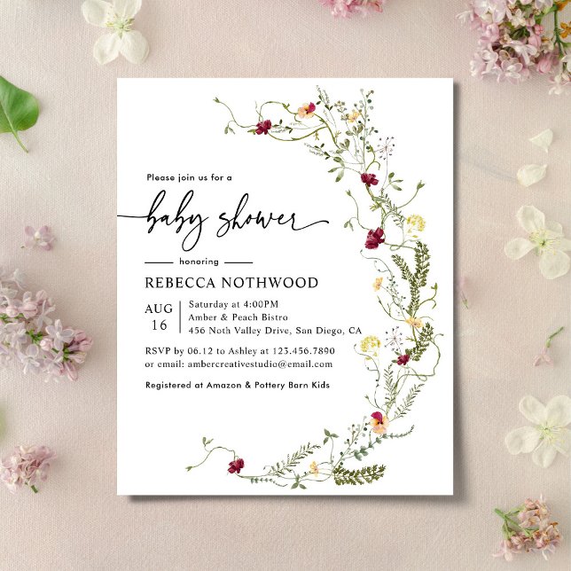 Papier Budget Fleur sauvage Baby shower vert Invitation (Créateur téléchargé)