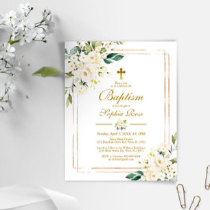 Papier Budget Fleurs blanches et Baptême d'or Invitation