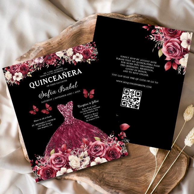 Papier Budget Fleurs Bourgogne Code QR Quinceanera (Créateur téléchargé)