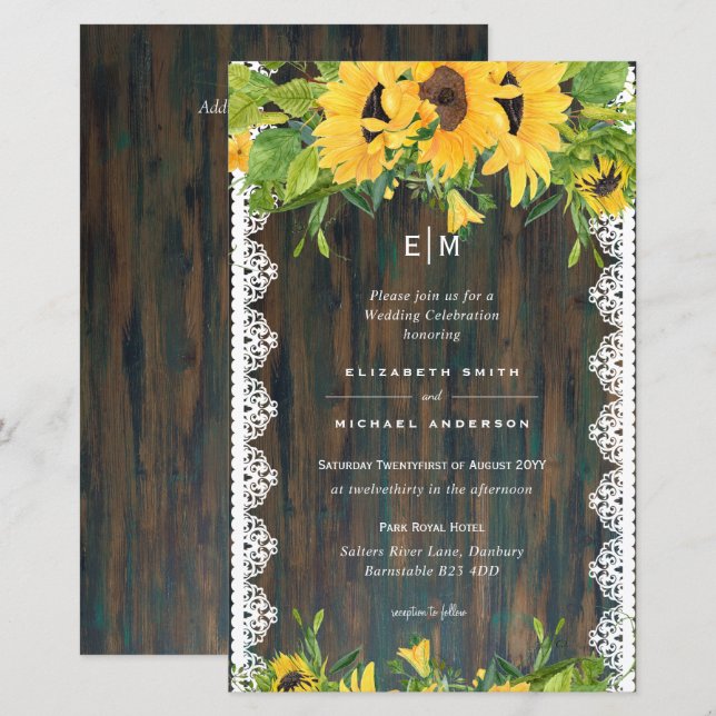 Papier BUDGET Fleurs de soleil en bois rustique Mariage d (Devant / Derrière)