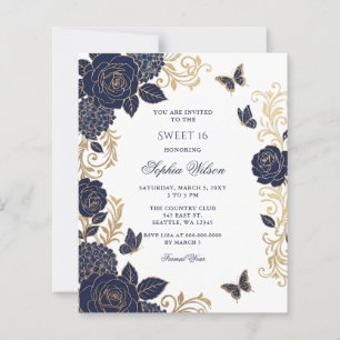 Papier Budget Fleurs Papillon Or Navy Sweet 16