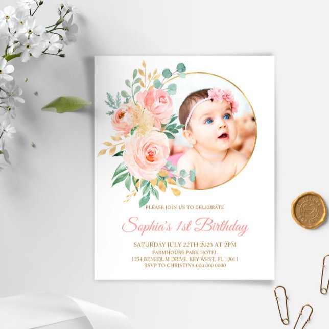 Papier Budget Fleurs roses et or premier Invitation d'ann (Créateur téléchargé)