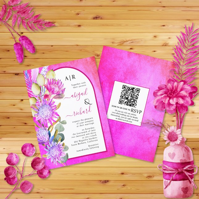 Papier BUDGET Fleurs séchées QR magenta faire-part de mar (Créateur téléchargé)
