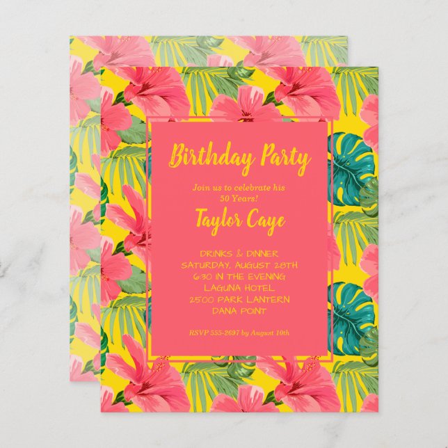 Papier Budget Fleurs tropicales Invitations de fête d'ann (Devant / Derrière)