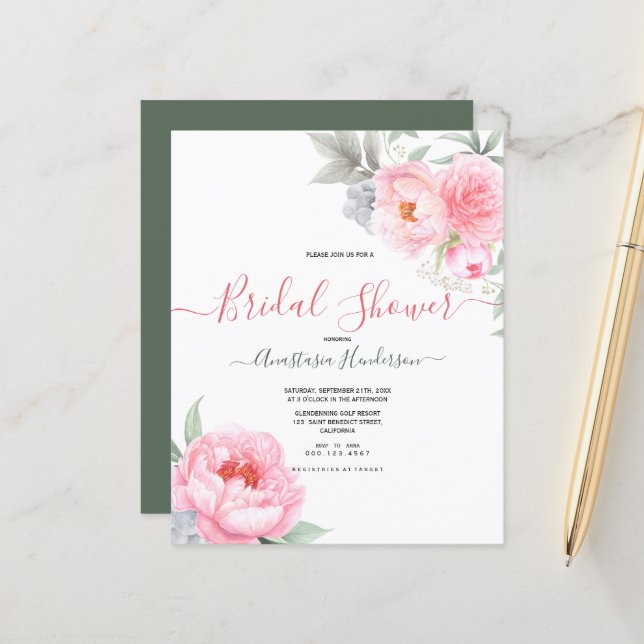 Papier Budget-Fleurs&Verdure. Douche nuptiale. Invitation (Devant/Arrière en situation)