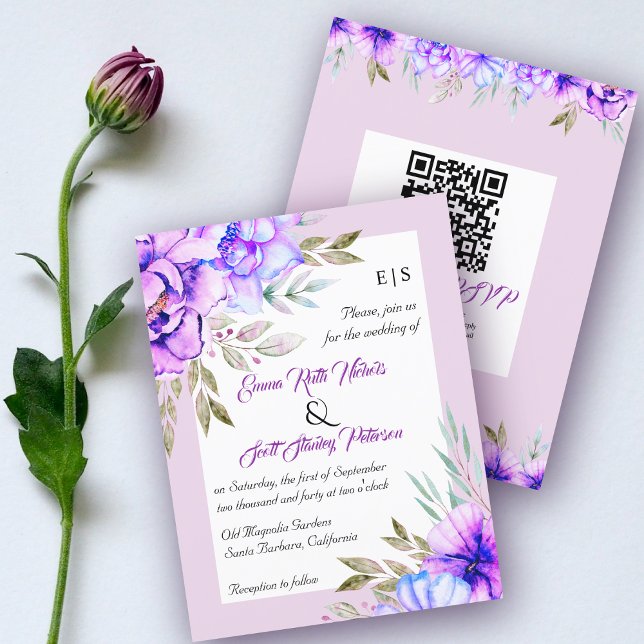 Papier BUDGET fleurs violettes QR code faire-part de mari (Créateur téléchargé)