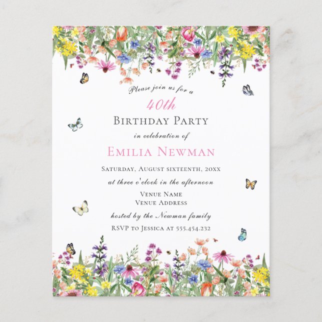 Papier Budget Floral 40e Anniversaire Fête Invitation (Devant)