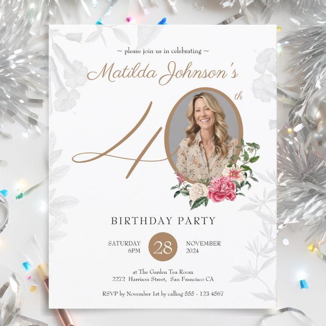 Papier Budget Floral 40e anniversaire Invitation (Budget Floral 40th Birthday Invitation)