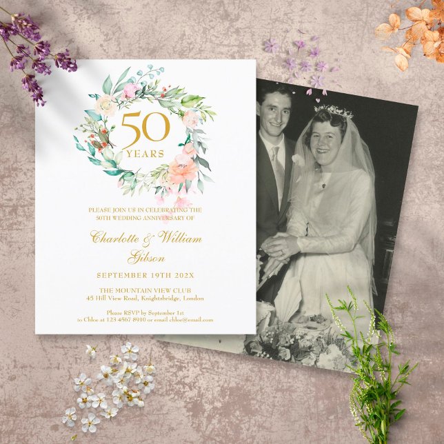 Papier Budget Floral 50e anniversaire Invitation photo (Créateur téléchargé)