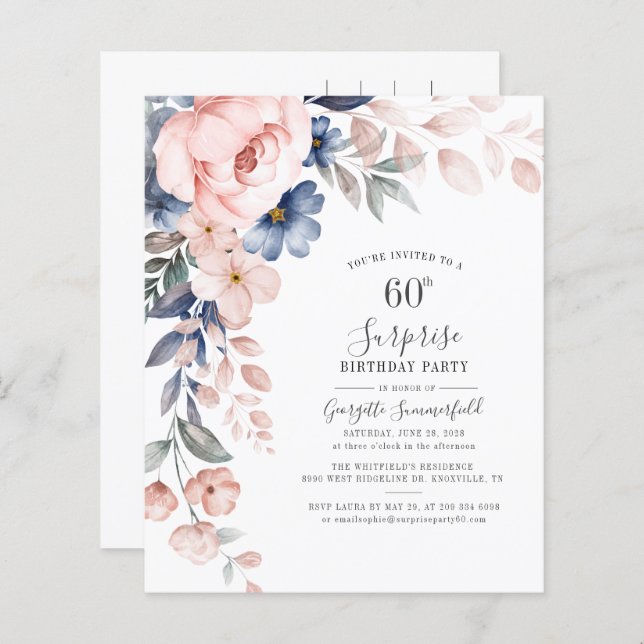 Papier Budget Floral 60e anniversaire Pink Script Invitat (Devant / Derrière)