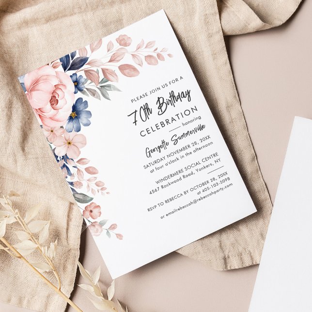 Papier Budget Floral 70e Anniversaire Fête Invitation (70th Birthday Pink Floral Party Invitation)