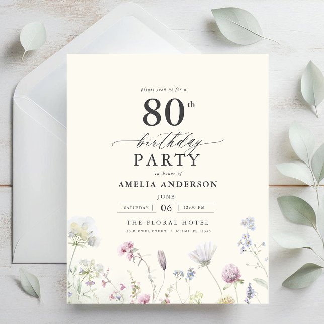 Papier Budget Floral 80e anniversaire Invitation (Créateur téléchargé)