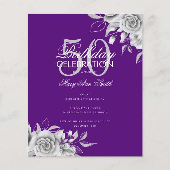 Papier Budget Floral Anniversaire Fête Argent & Violet (Devant)