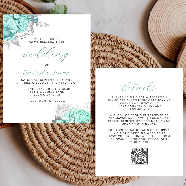 Papier Budget Floral Aqua Silver QR Code Wedding Invite (Créateur téléchargé)