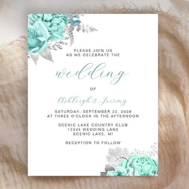 Papier Budget Floral Aqua Silver Script Wedding Invite (Créateur téléchargé)