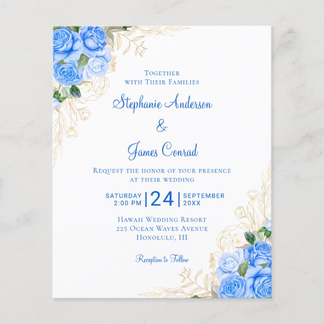 Papier Budget Floral Aquarelle bleu Faire-part de mariage (Devant)
