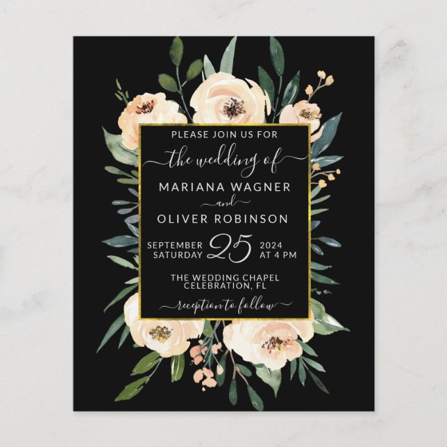 Papier Budget Floral Beige Or Faire-part de mariage Noir (Devant)
