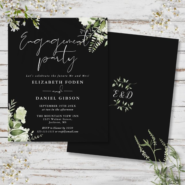 Papier Budget Floral Black White Engagement Invitation (Budget Floral Black White Engagement Party Invite)