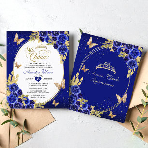 Papier BUDGET Floral Bleu Or papillon Quinceanera