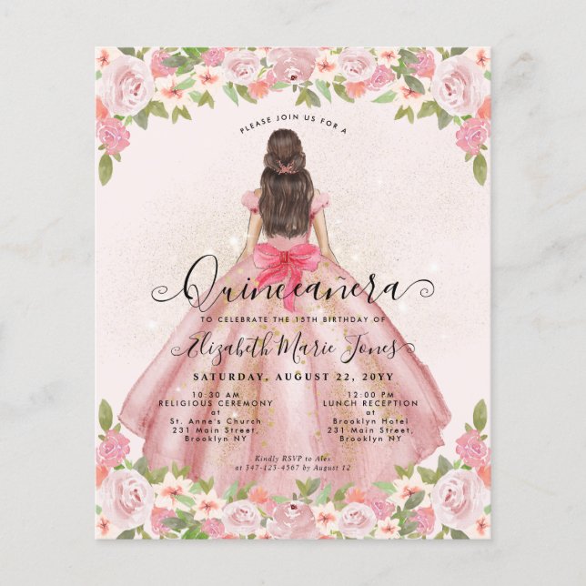 Papier Budget Floral Blush Or Rose Princesse Quinceanera (Devant)