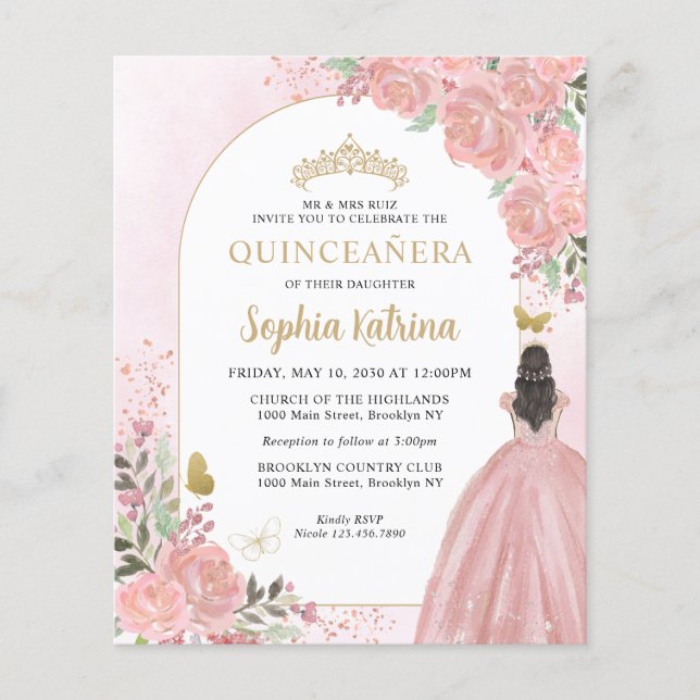 Papier Budget Floral Blush Or Rose Princesse Quinceanera (Devant)