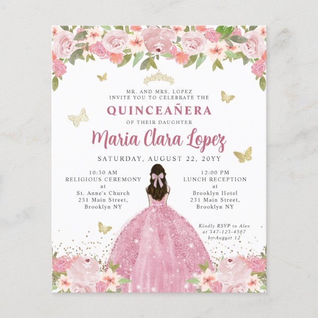 Papier Budget Floral Blush Or Rose Princesse Quinceanera (Devant)