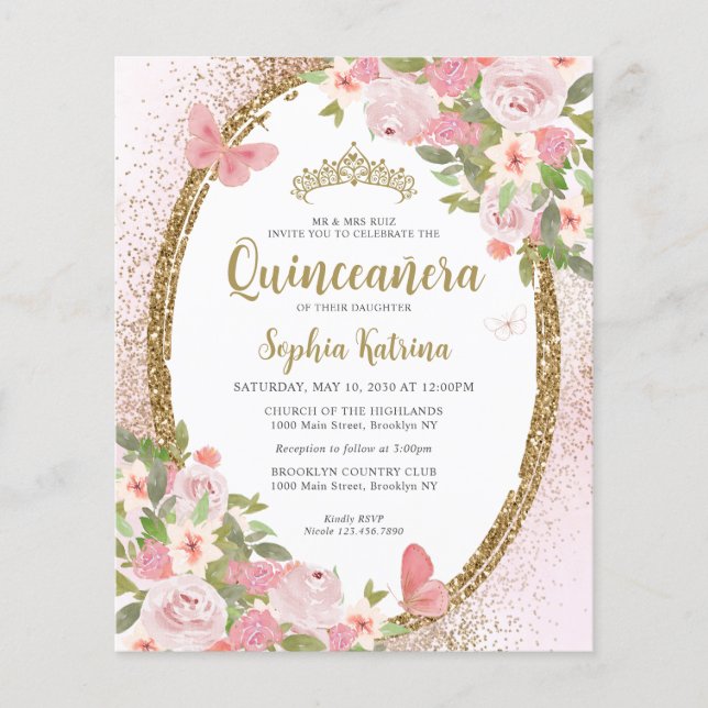 Papier Budget Floral Blush Or Rose Tiara Quinceañera (Devant)
