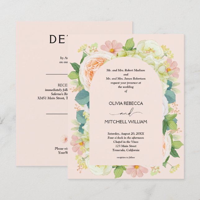 Papier Budget Floral Blush rose Mariage tout en un Invita (Devant / Derrière)