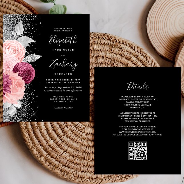 Papier Budget Floral Blush Silver Black QR Code Mariage (Créateur téléchargé)