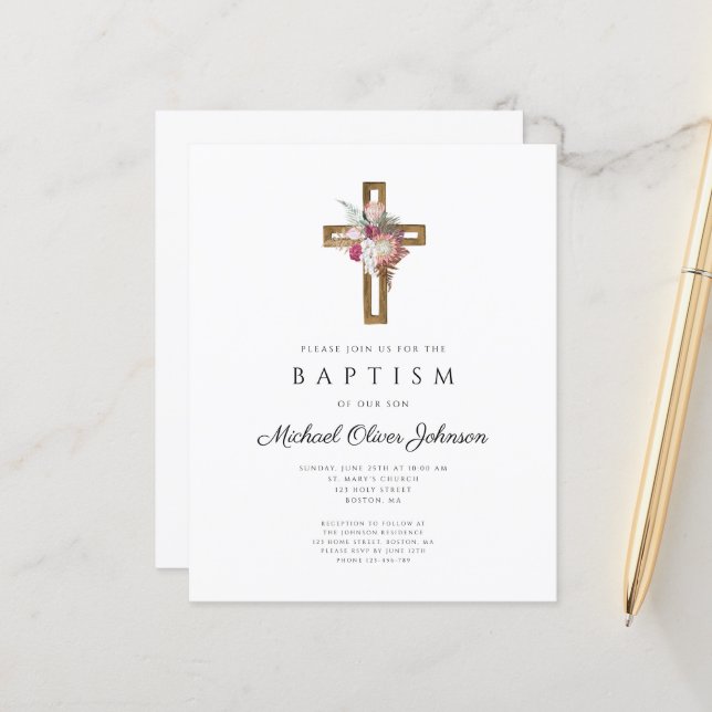 Papier Budget Floral Boho Cross Baptism Invitation (Devant/Arrière en situation)