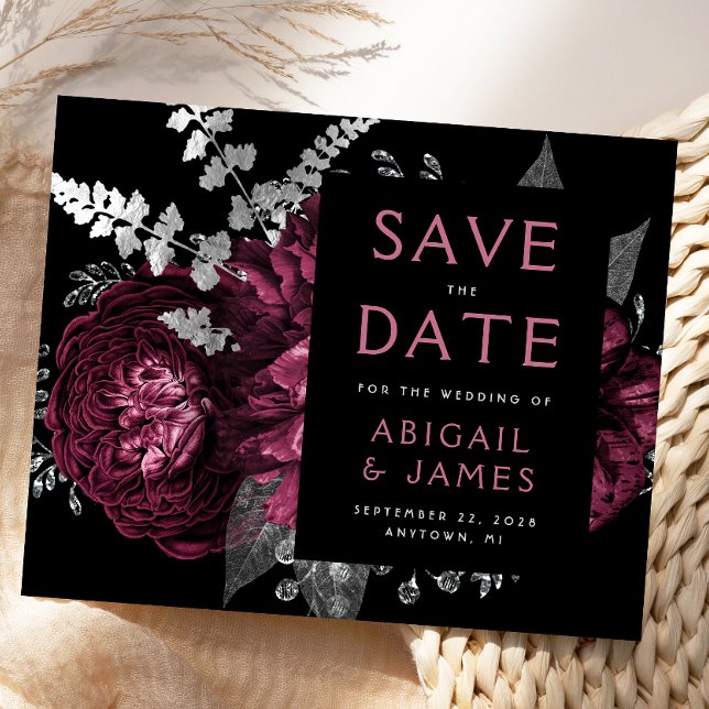 Papier Budget Floral Bourgogne Argent Enregistrer la date (Créateur téléchargé)