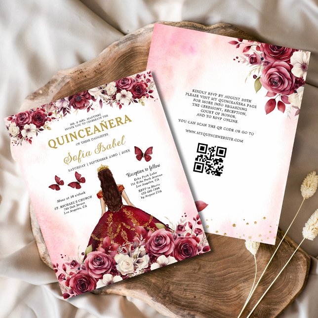 Papier Budget Floral Bourgogne QR Code Quinceanera (Créateur téléchargé)