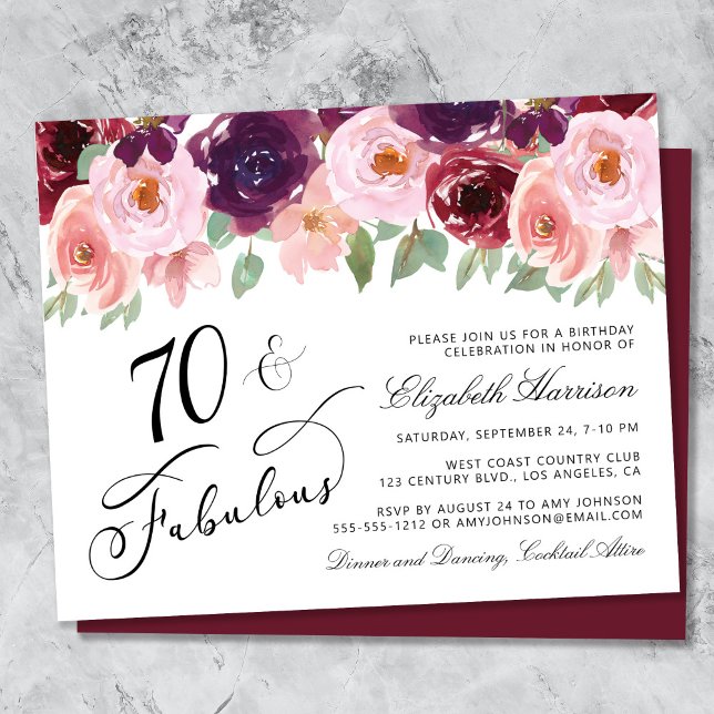 Papier Budget Floral Bourgogne rose 70e fête d'anniversai (Créateur téléchargé)