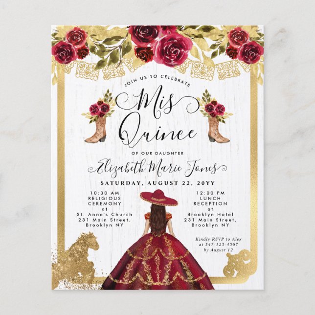 Papier Budget Floral Bourgogne Rouge Or Charra Quinceaner (Devant)