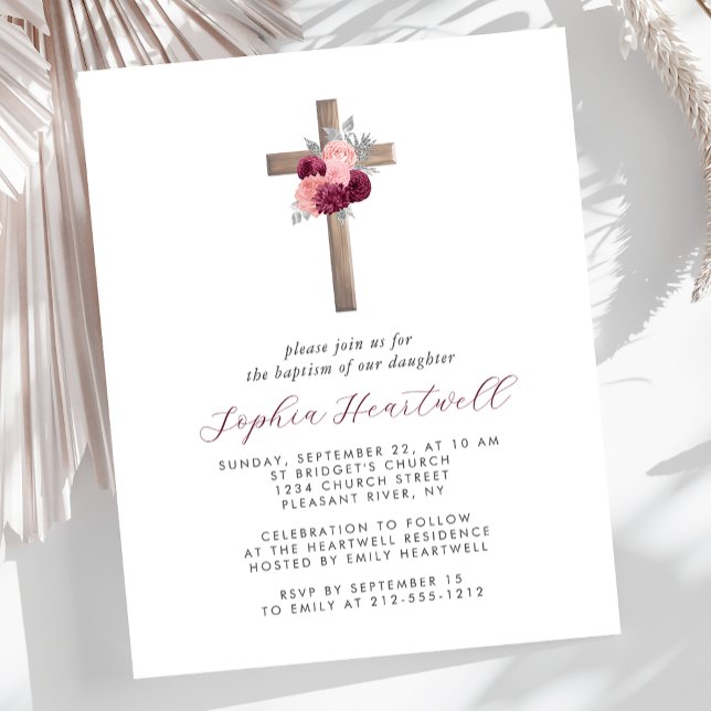 Papier Budget Floral Burgundy Blush Cross Baptism Invitat (Créateur téléchargé)