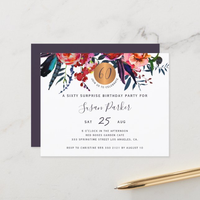 Papier Budget floral chic 60e anniversaire invitation fêt (Devant/Arrière en situation)