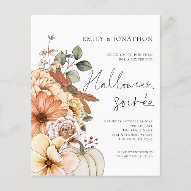 Papier Budget Floral Citrouille Script Halloween Party Bl (Devant)