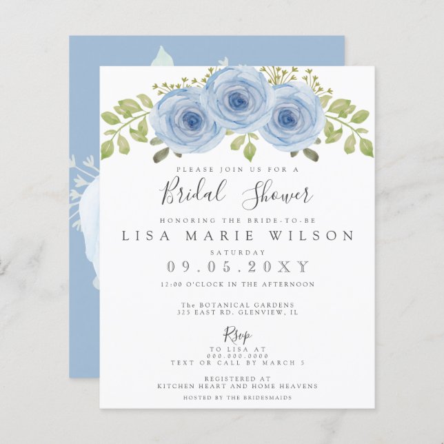 Papier Budget Floral Dusty Blue Bridal Shower Invitation (Devant / Derrière)