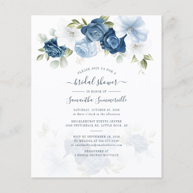 Papier Budget Floral Dusty Blue Bridal Shower Invitation (Devant)
